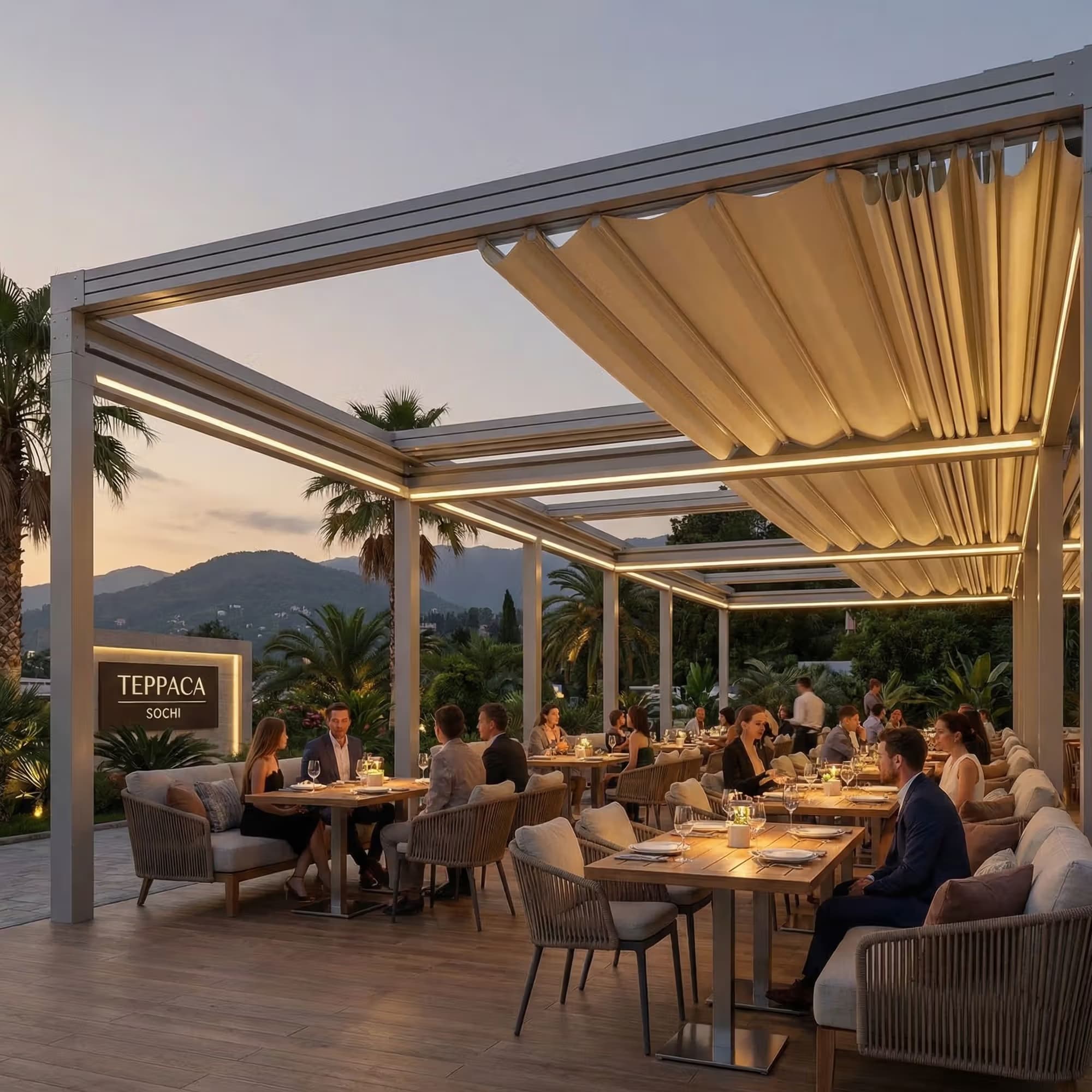 Пергольная маркиза с опорами для большой площади